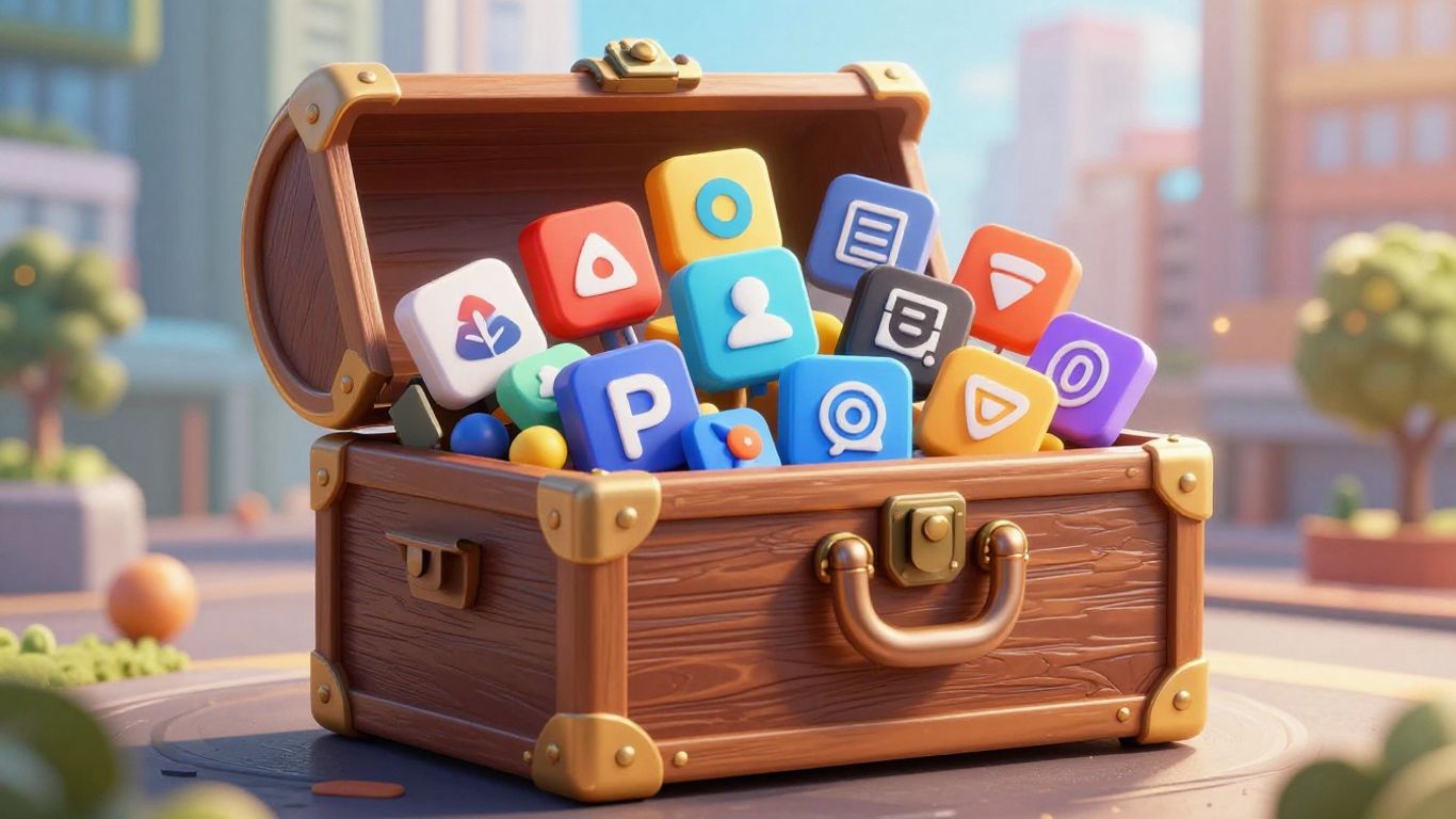 Treasure chest overflowing with software deals and digital icons.