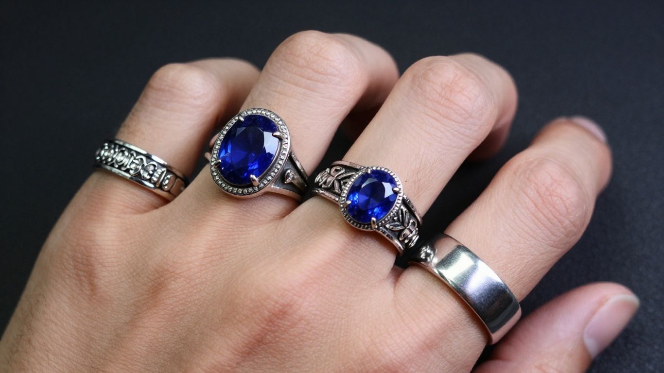 Man's hand wearing vintage and gemstone rings.
