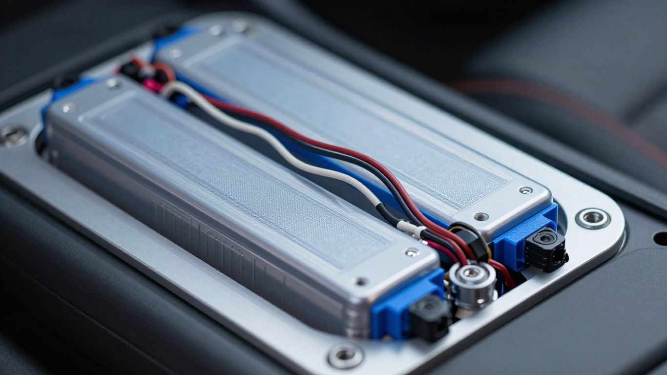 Elektroauto-Batterie mit sichtbaren Komponenten und blauen Akzenten.