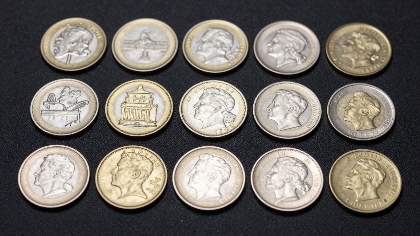 Organized coin collection with detailed metallic coins.