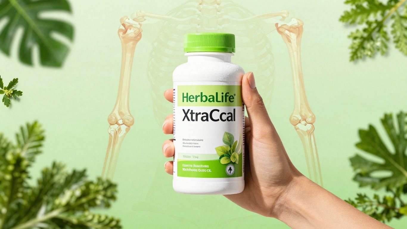Herbalife Xtra-Cal bottle with healthy bone illustration.