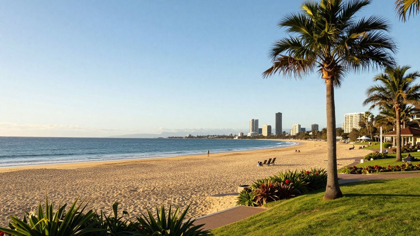 Caloundra coastline beside tropical resort grounds