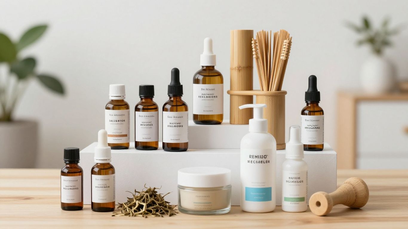 Essential oils and natural supplements arranged carefully