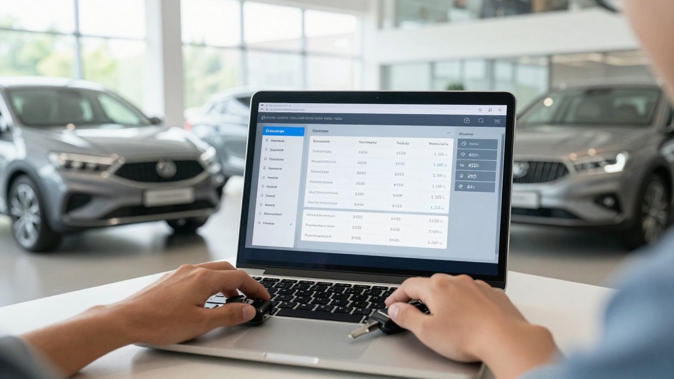 Person vergleicht Fahrzeugdaten auf Laptop neben Autoschlüsseln