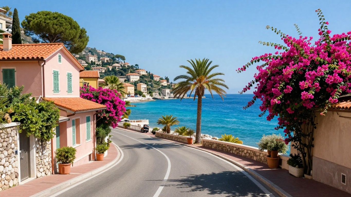 Scenic view of the French Riviera coast with towns and sea.