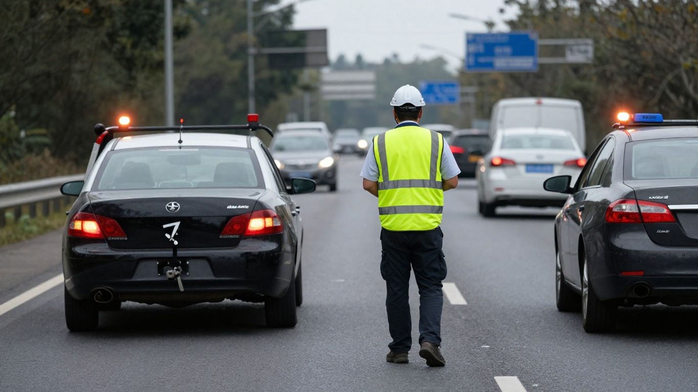 Tow truck operator assisting a disabled vehicle on highway.
