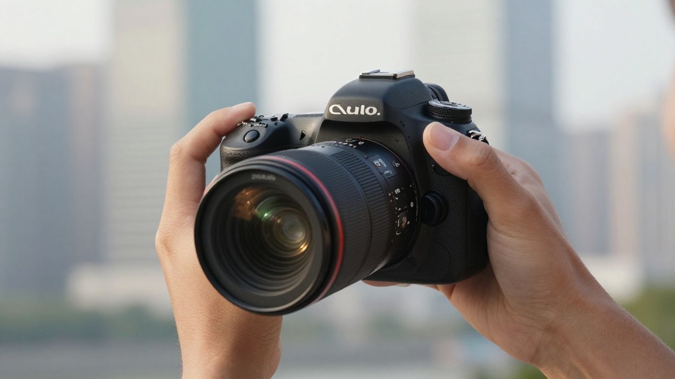 Professional photographer holding a DSLR camera.