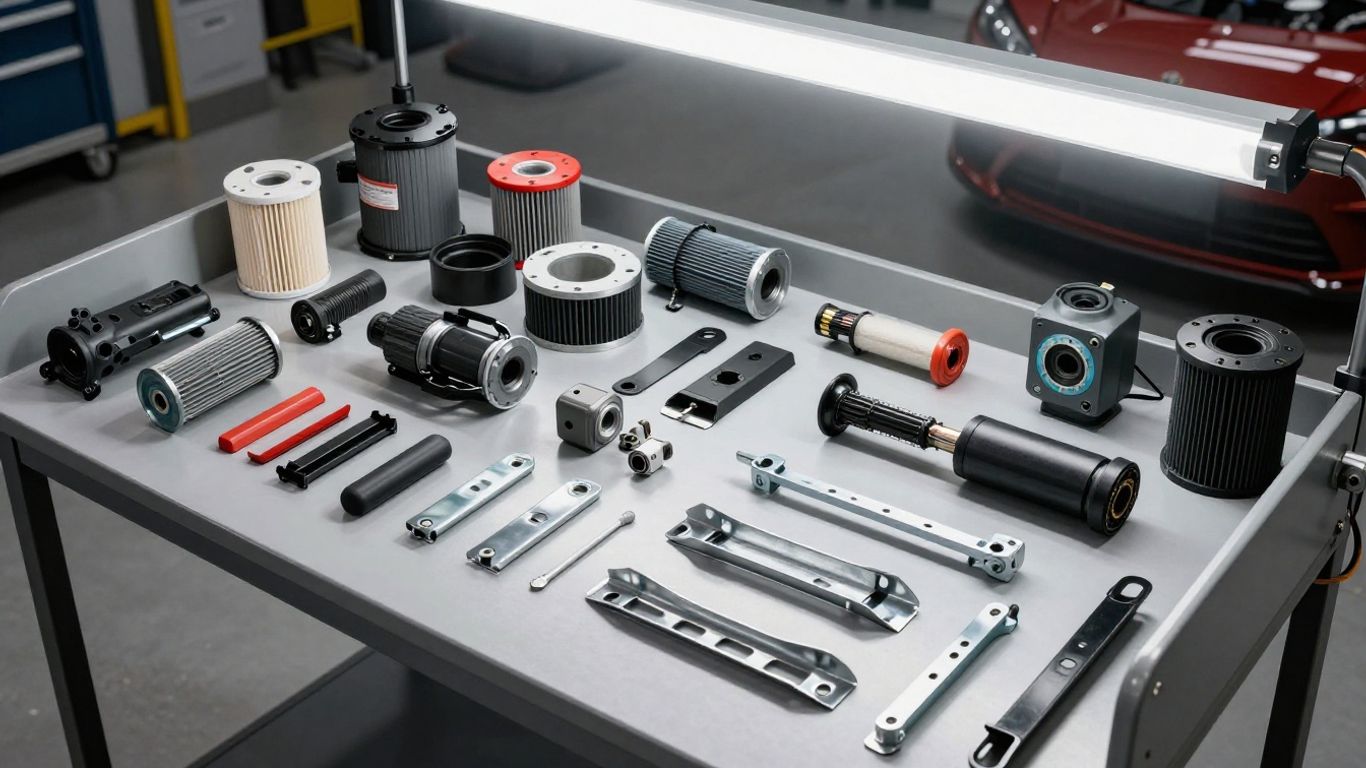 A organized garage featuring various used auto engine parts