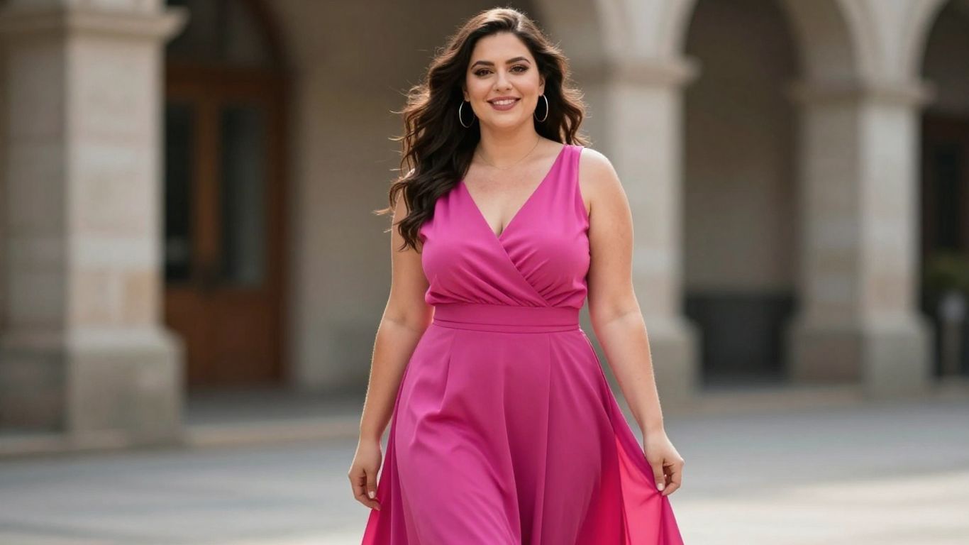 Plus-size Frau in einem schmeichelhaften A-Linien-Kleid.