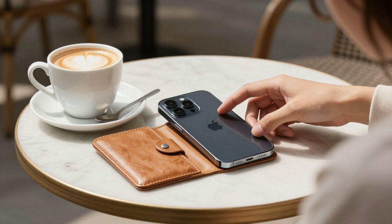 A person sitting at a sunlit cafe table, placing their iPhone 17 Pro Max in a tan leather wallet case next to a flat white coffee.