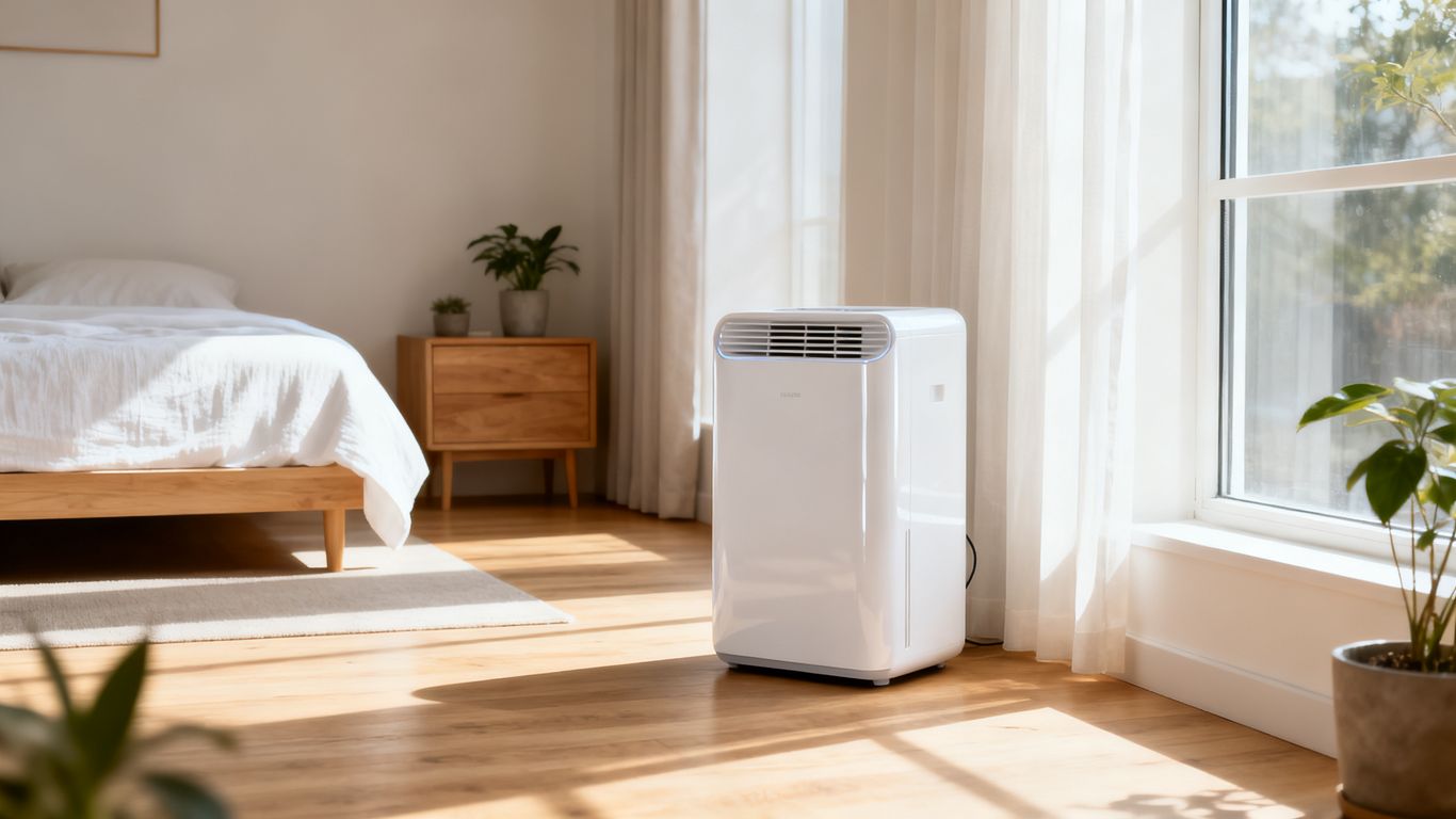 Interior view of a modern bedroom with a dehumidifier