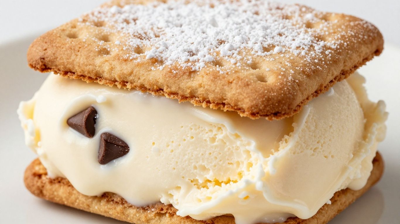 Keto ice cream sandwich with vanilla ice cream and chocolate chips.