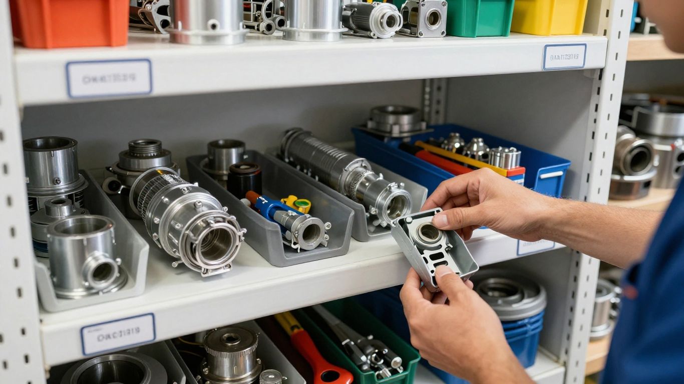 HVAC parts, tools, and truck stock organized on shelves.