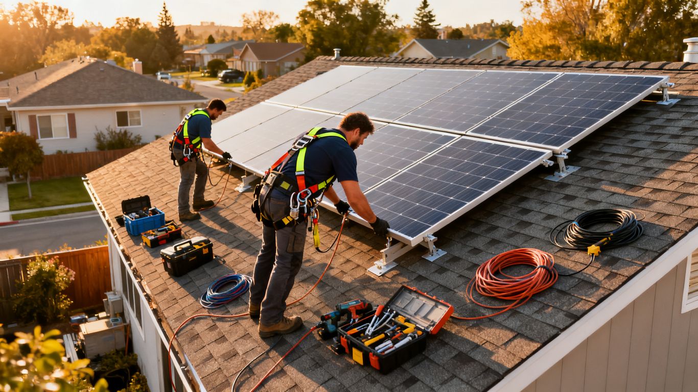 Équipe préparant une installation photovoltaïque