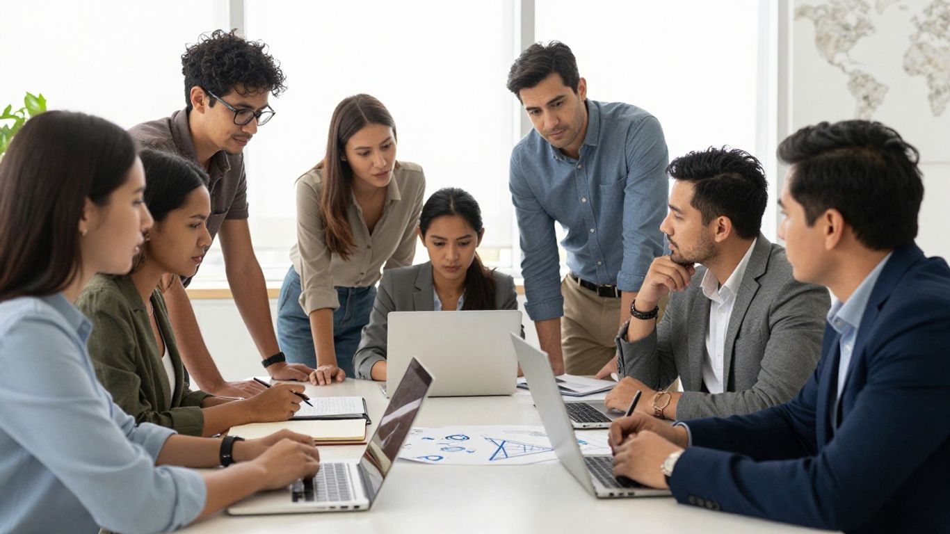 Assignees discussing cultural coaching in a modern workplace