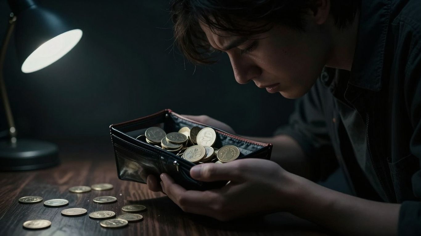 Persona preocupada por dinero cayendo de una billetera.