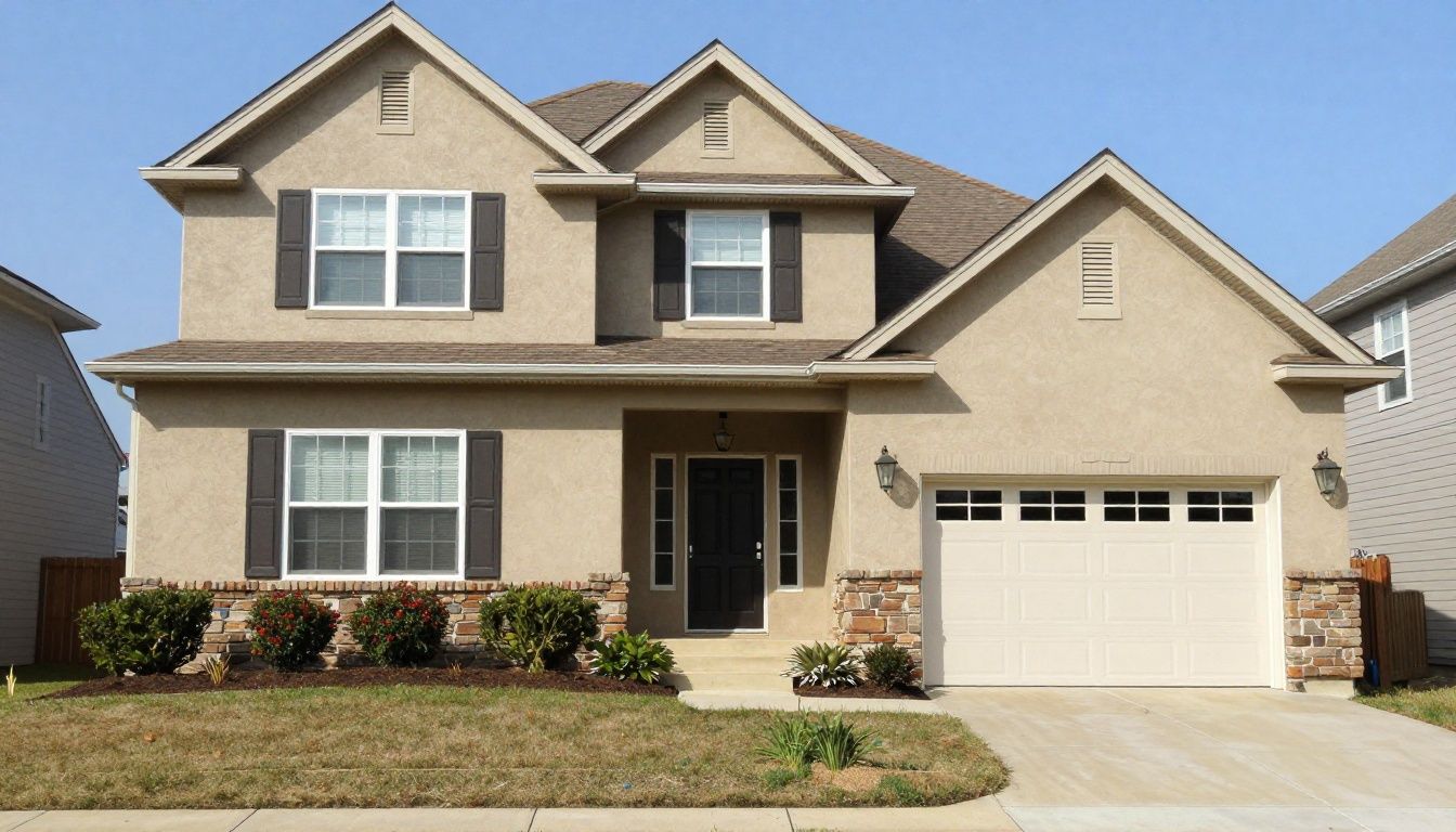 Photorealistic completed stucco restoration on a suburban Illinois home with an even warm-toned finish, realistic landscaping and daylight, no people, no text, no logos, no artificial aesthetic