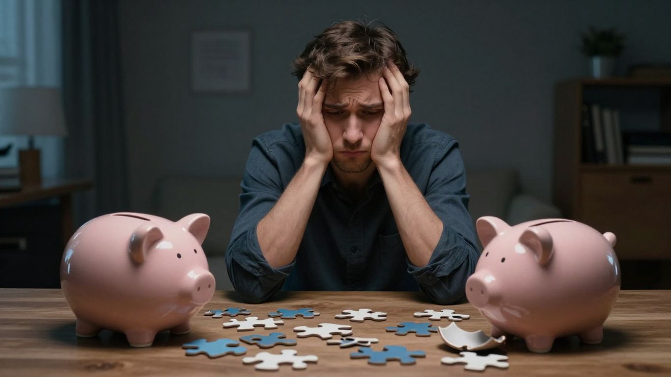Confused person with scattered puzzle pieces and broken piggy bank.