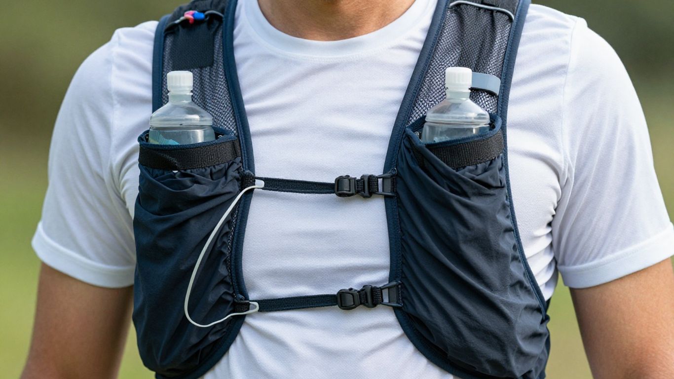 Runner's hydration vest with water bottles for ultra-marathon training.