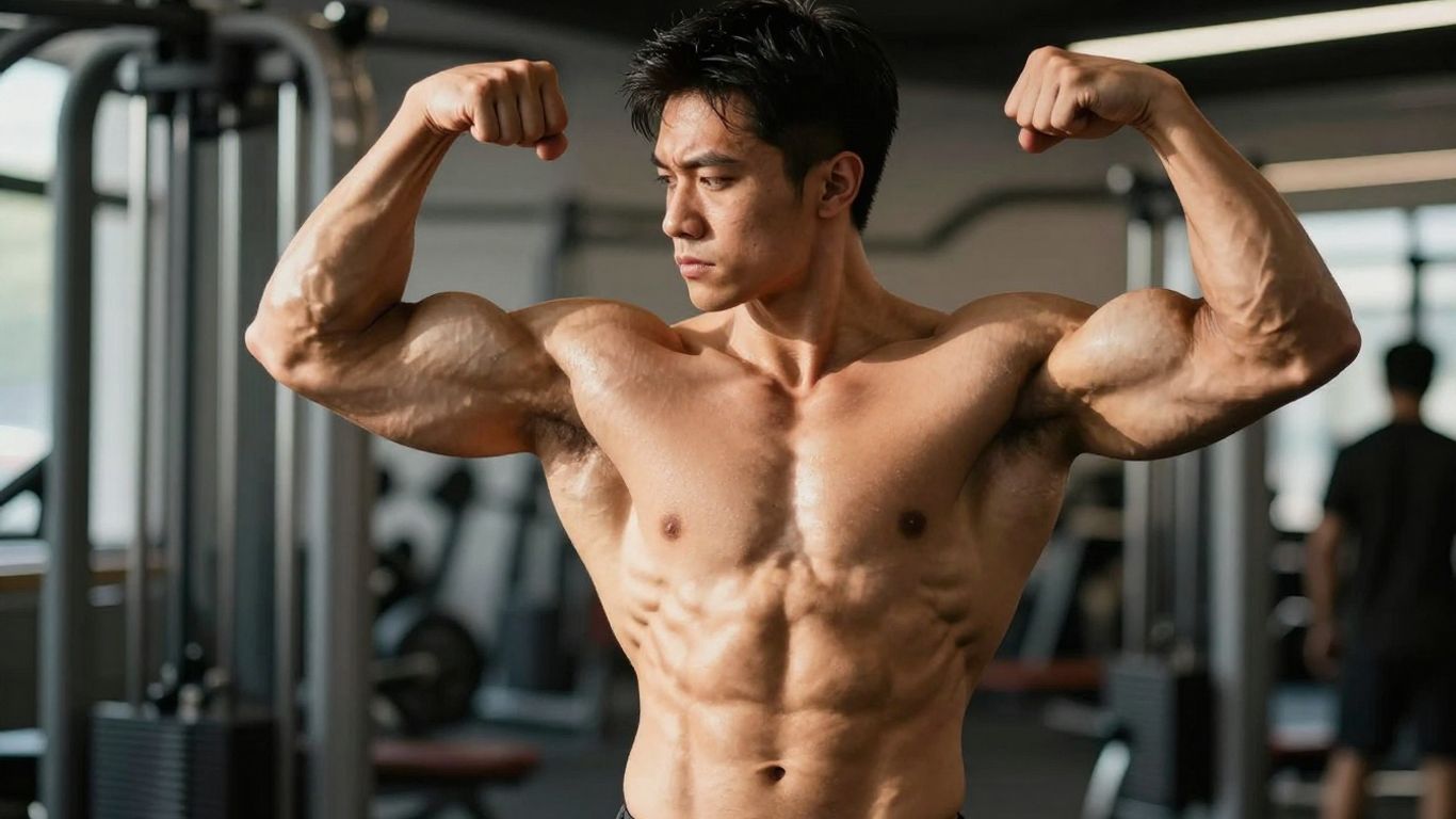 Muscular athlete flexing biceps in gym