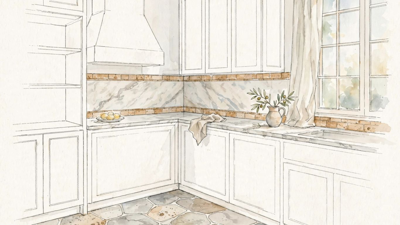 Natural stone floor and backsplash tiles