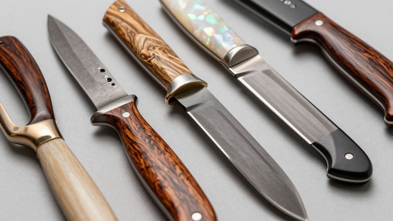 Luxury knife handles with diverse materials and textures.