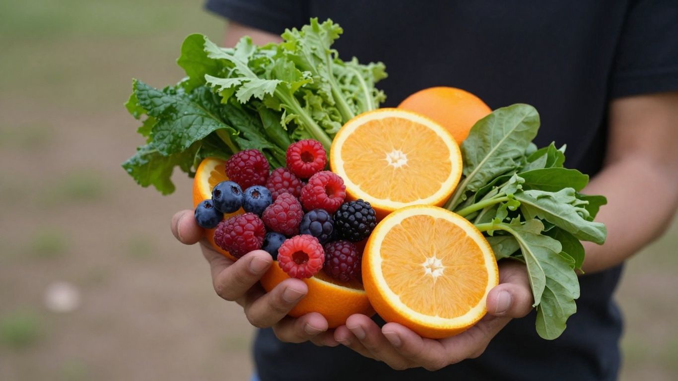 Handful of colorful fruits and vegetables for healthy eating.