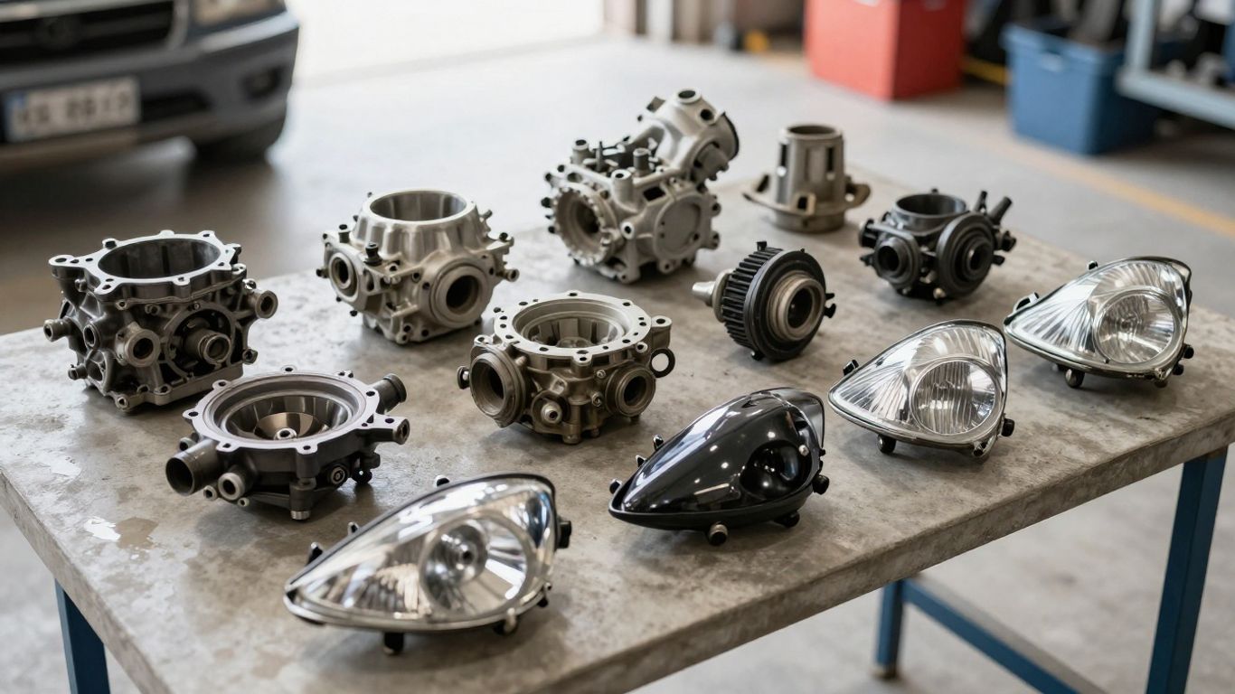 Engine parts and transmission units in display