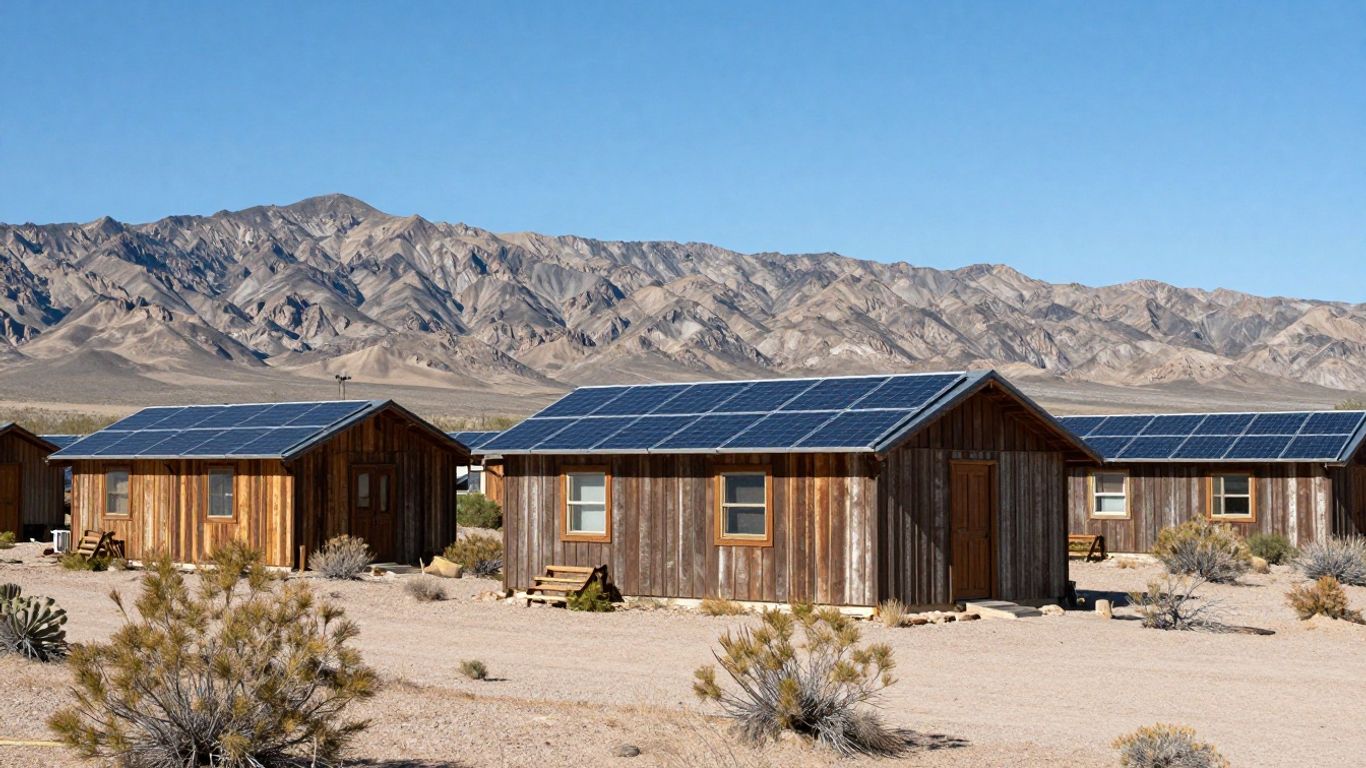 Rustic cabin with solar panels in Nevada desert landscape