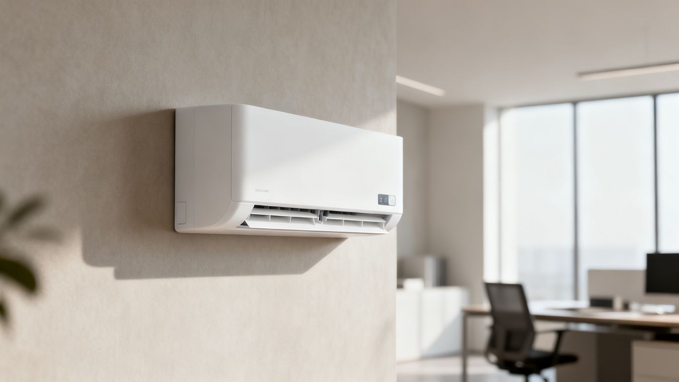 A clean wall mounted dehumidifier installed in a modern office