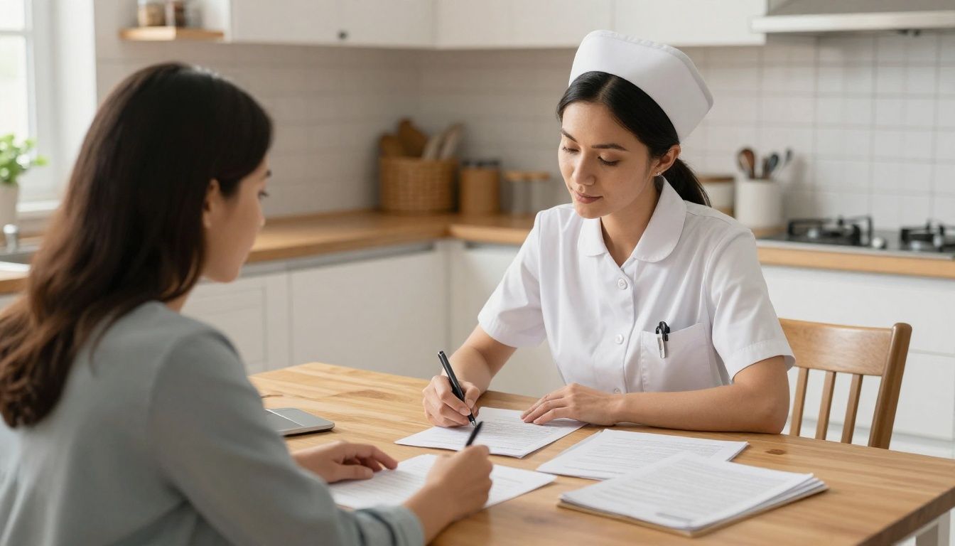 A compassionate nurse sits at a kitchen table with a mother, reviewing paperwork with a pen and offering guidance and support.
