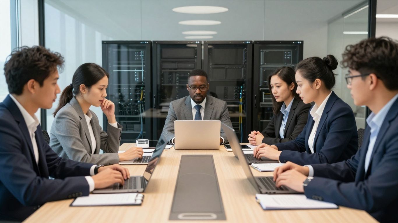 IT professionals reviewing a business network