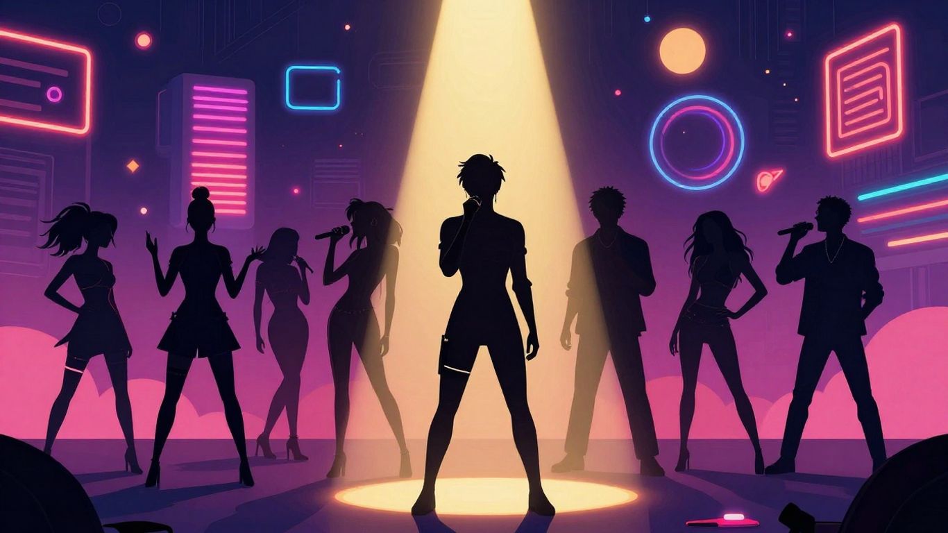 Entertainment figures in a retro game style.