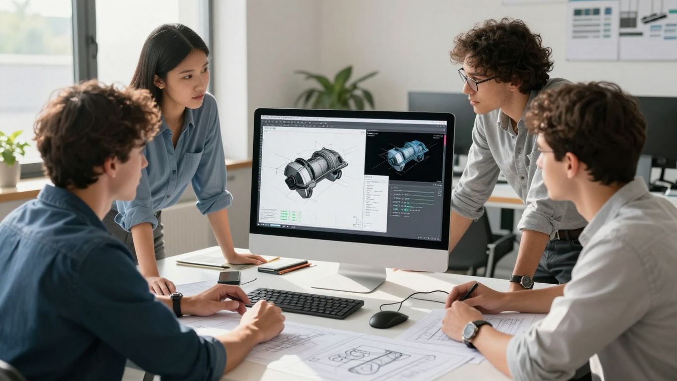 Engineers working together on SolidWorks designs.