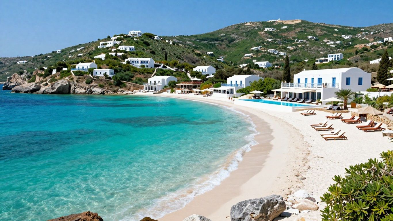 Beautiful Greek island beach with turquoise water and whitewashed buildings.