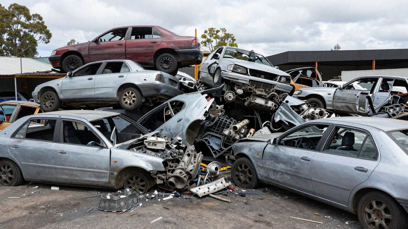 Car wrecking yard with transmission parts in Newcastle, NSW.