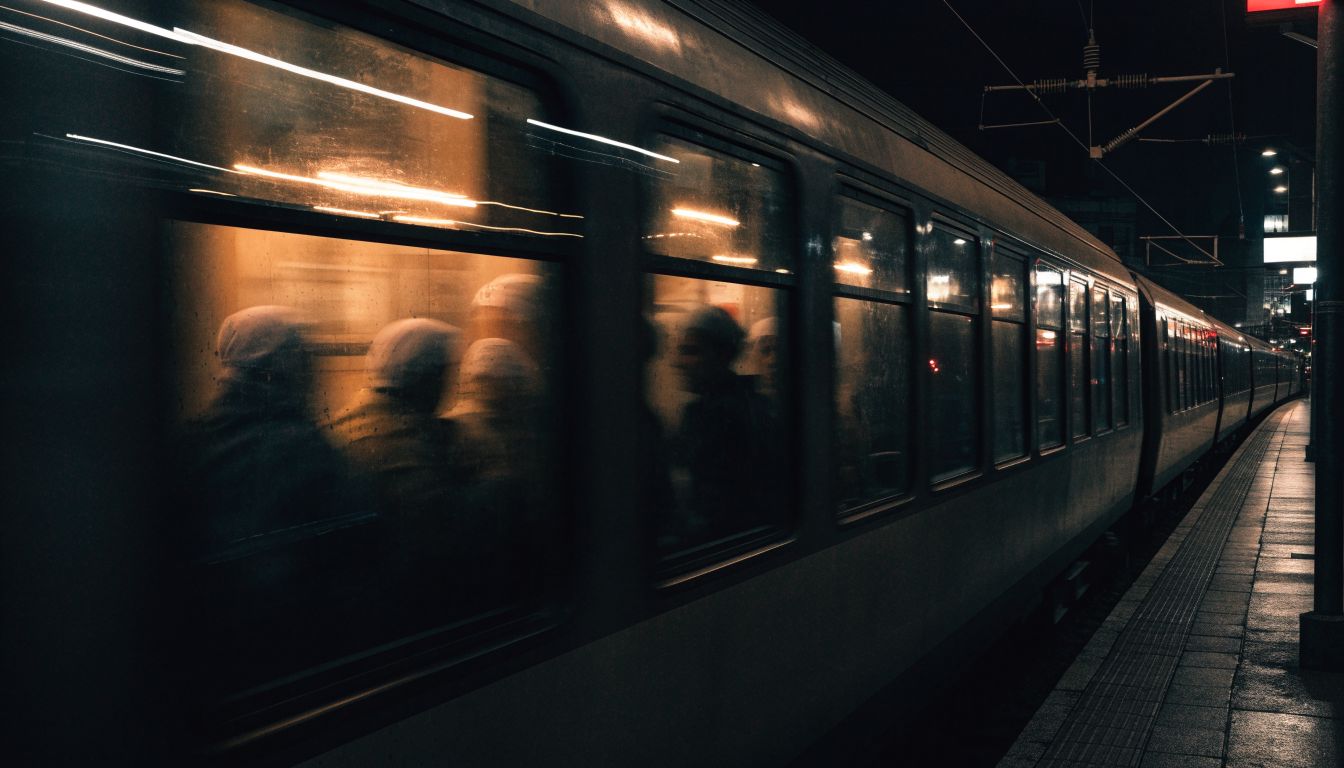 Trem atravessando uma estação noturna, com passageiros misteriosos vistos pelas janelas e uma atmosfera de suspense