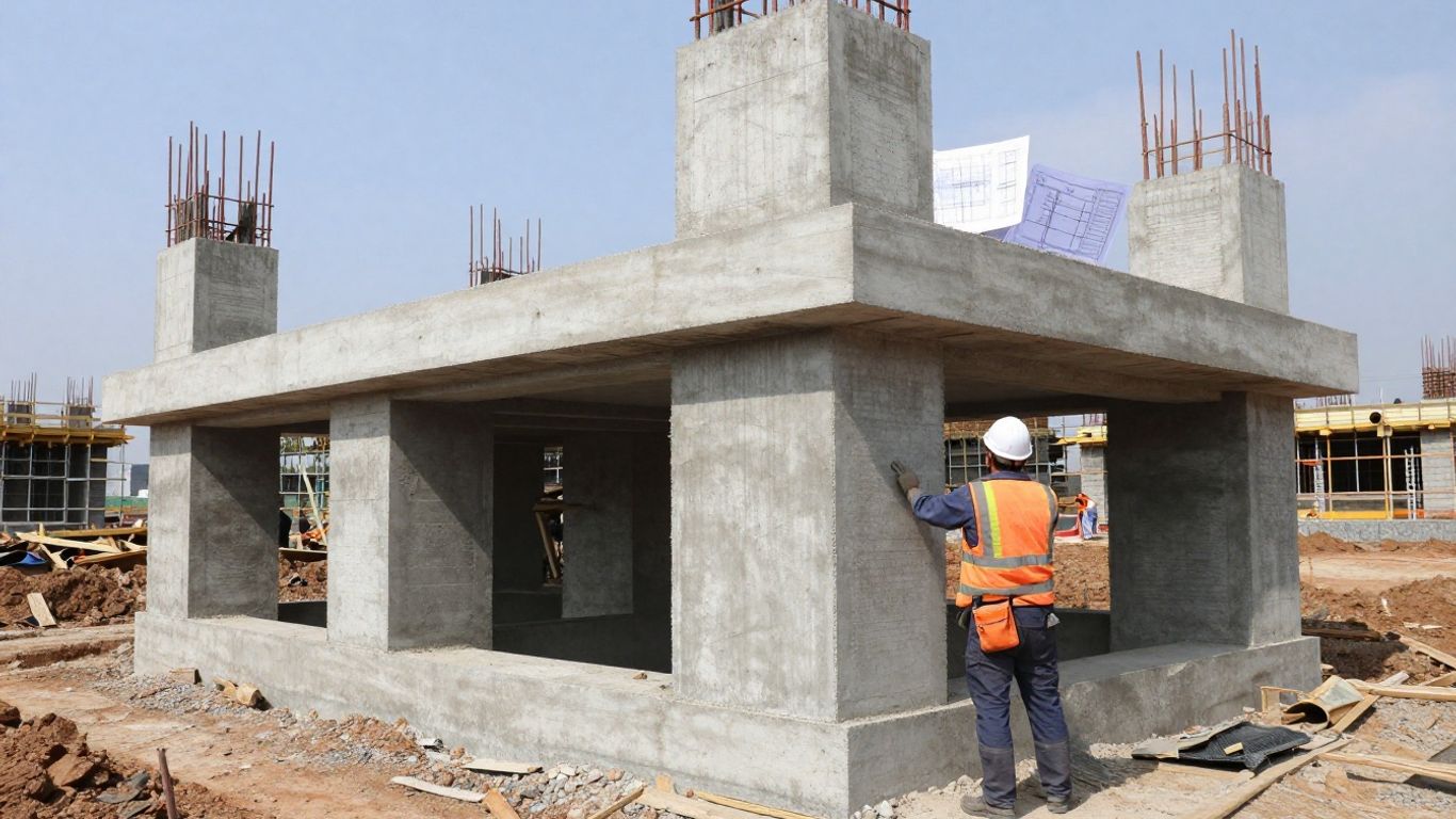Builder examining a house foundation for stability.