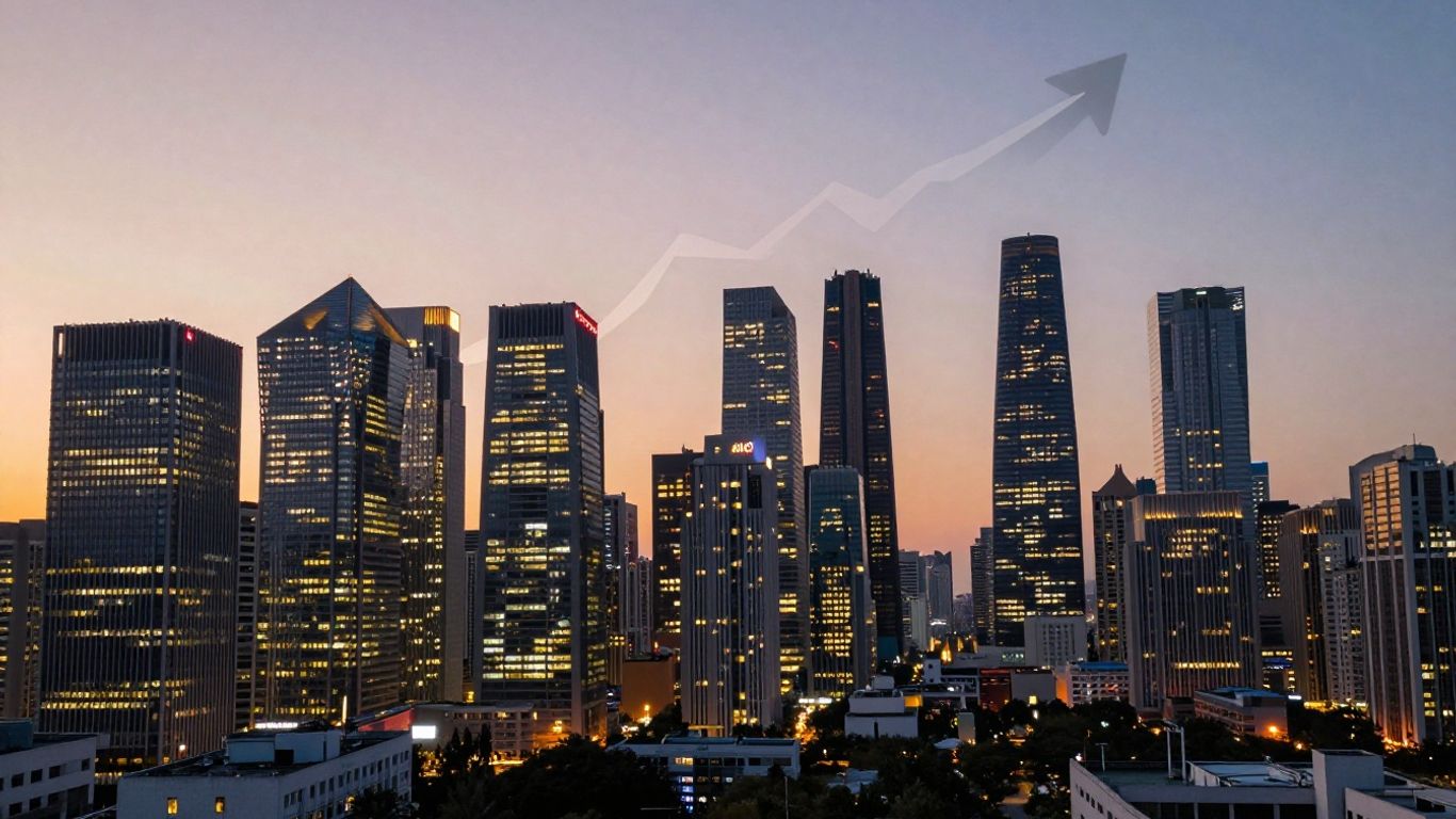 Cityscape with upward trend symbolizing growth.