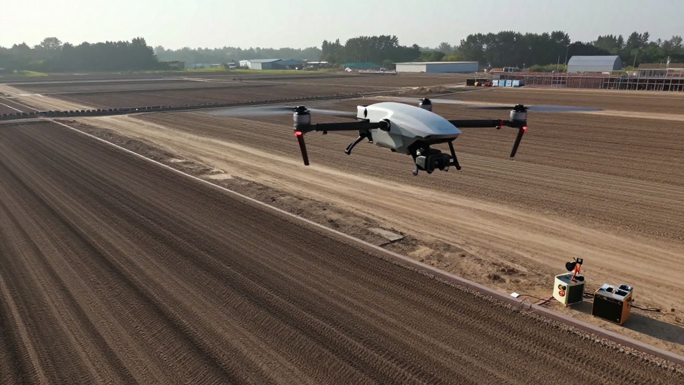 Survey drone flying above a broad construction site
