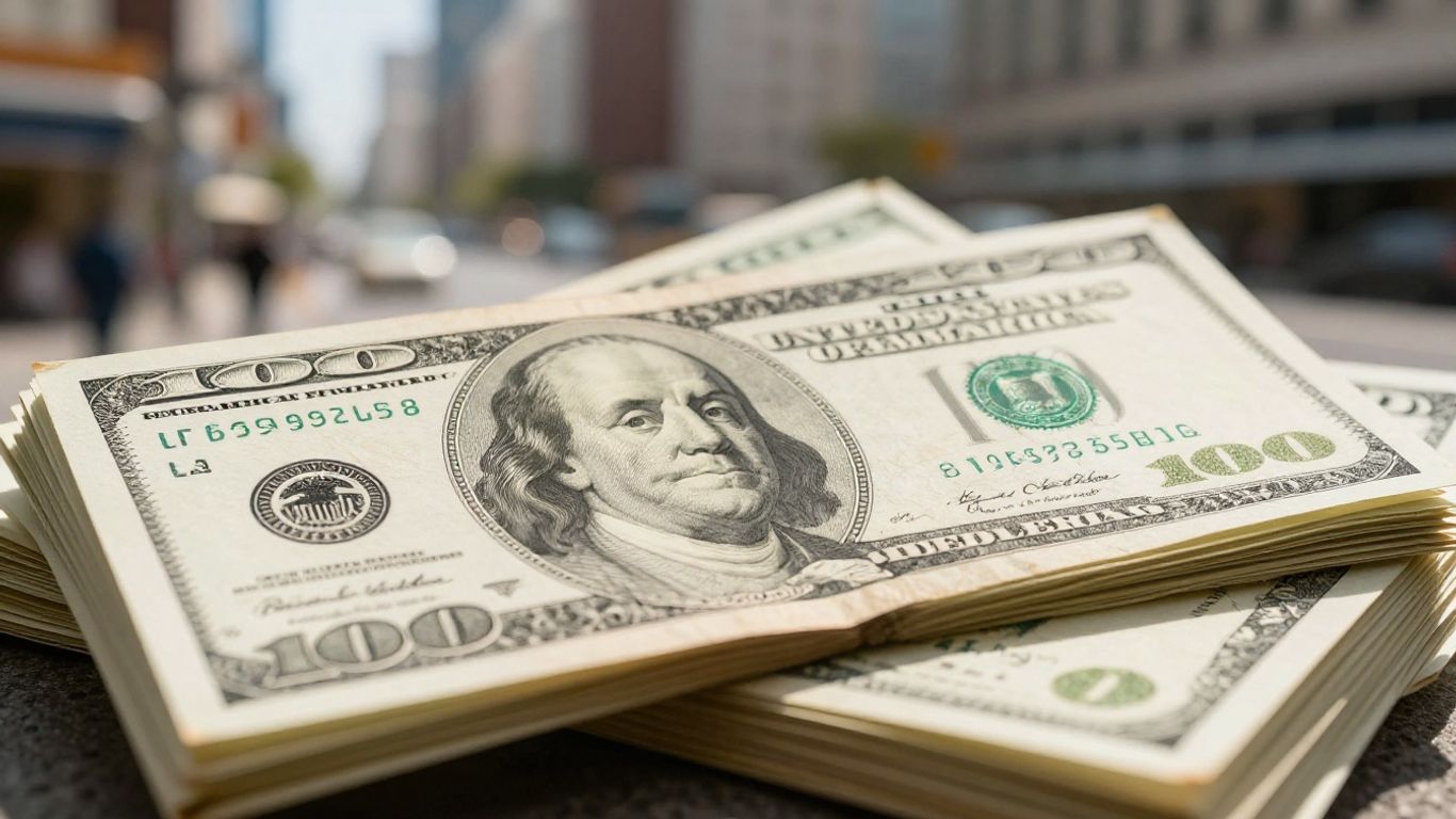 Stack of dollar bills with financial district background.