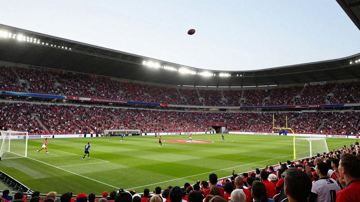 Football game in stadium with cheering fans.