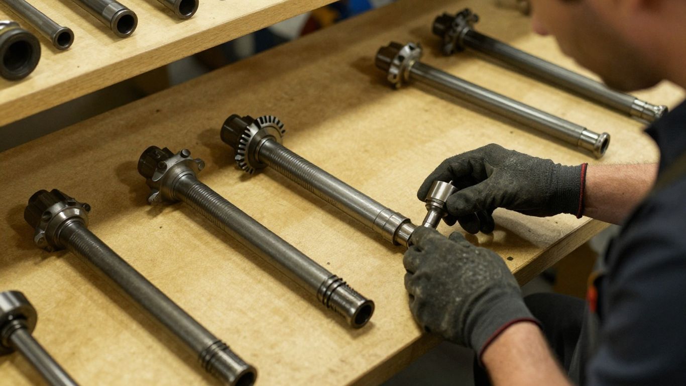 Used axle assemblies arranged in workshop inventory