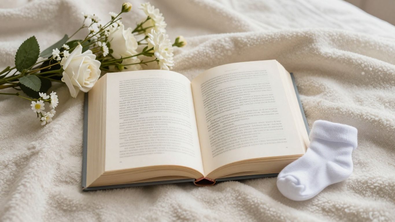 Libro de maternidad con flores y calcetín de bebé.