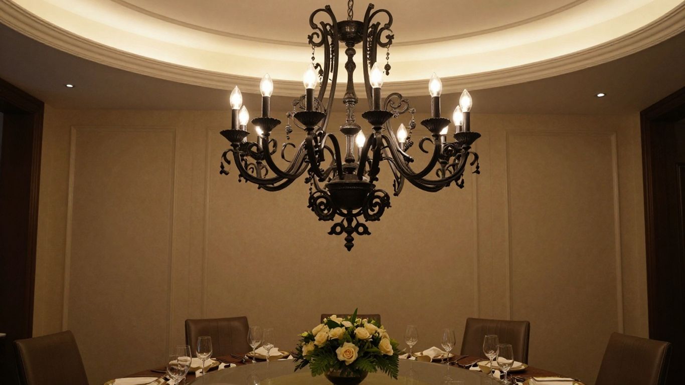 Large black chandelier in a luxurious dining room.