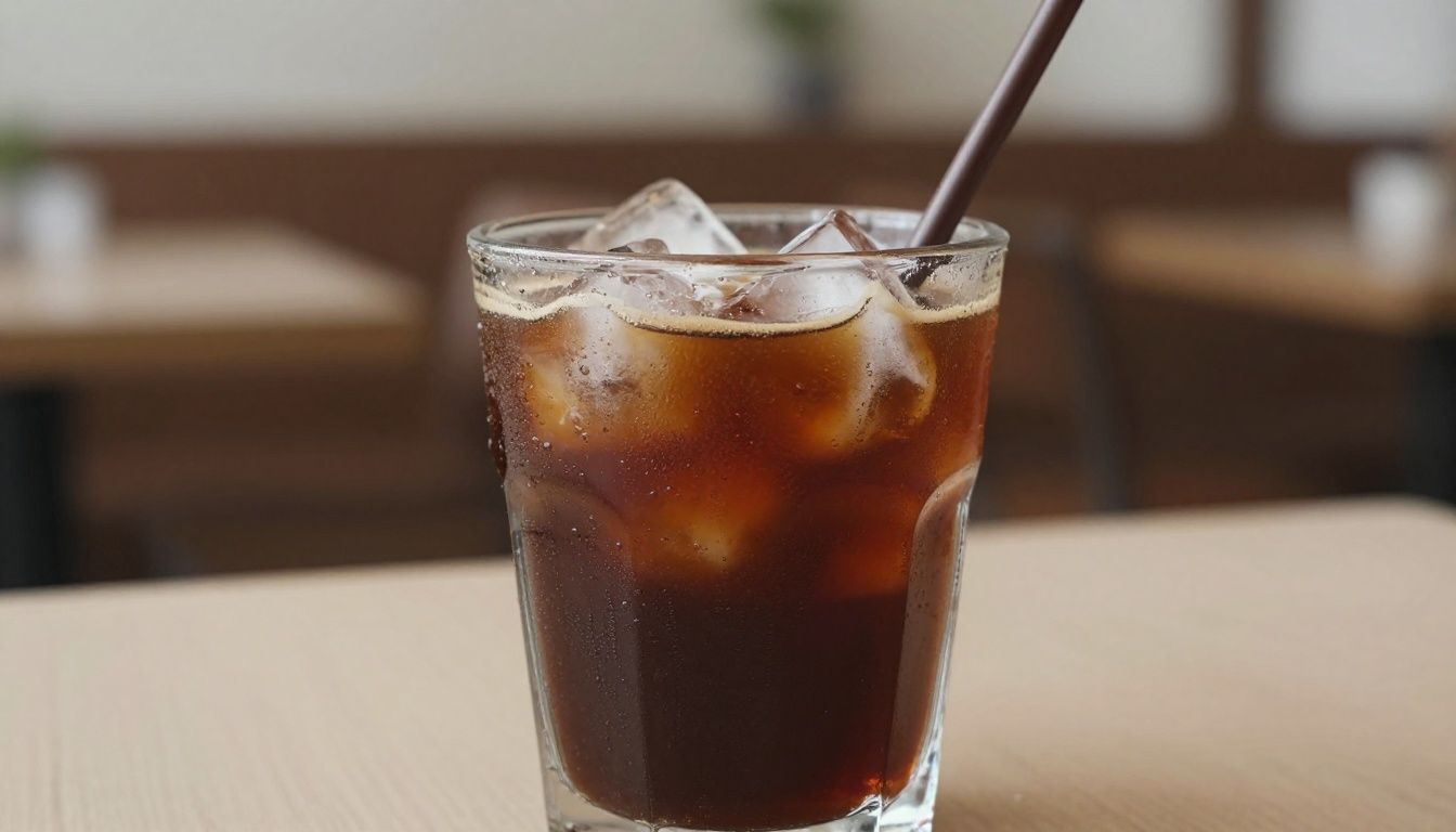 Iced coffee in a tall glass with ice and a straw.