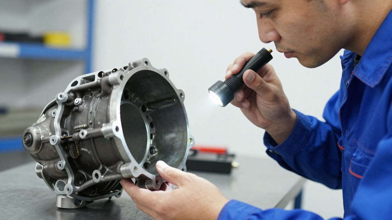 Detailed technician inspecting a vehicle gearbox