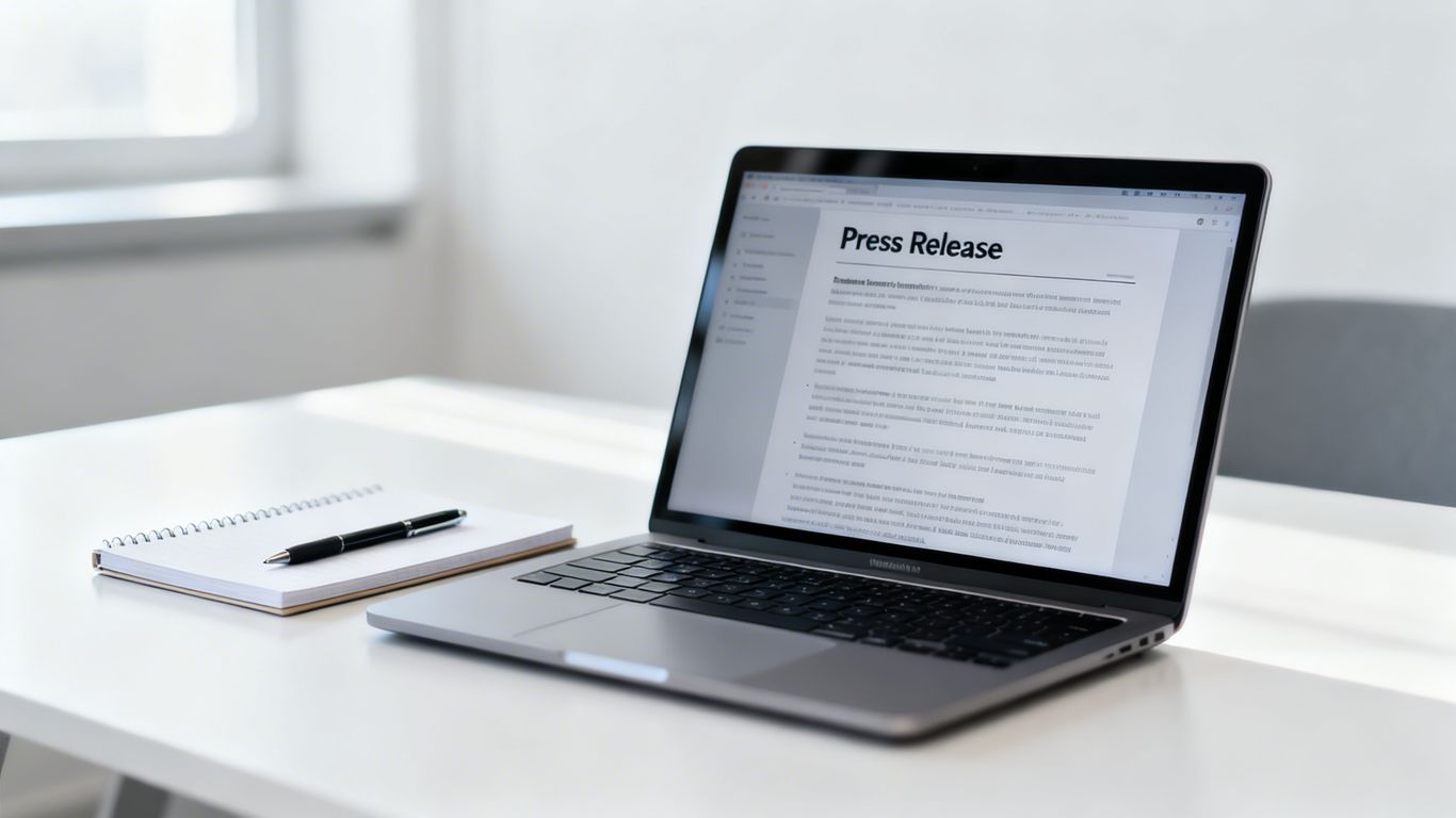 Press release document on a laptop screen.