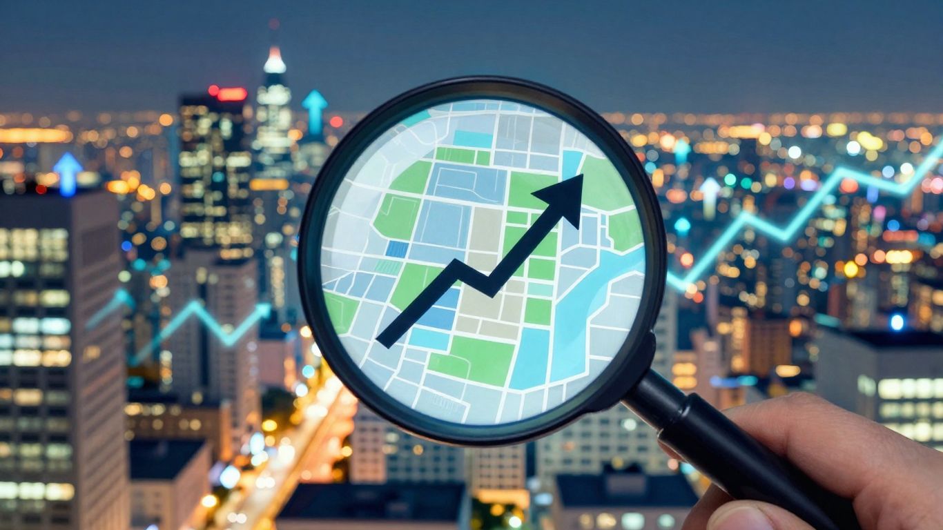 City map with glowing connections and growth indicators.