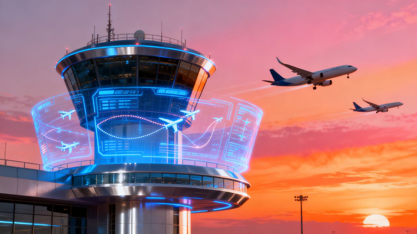Futuristic air traffic control tower with holographic displays and planes.